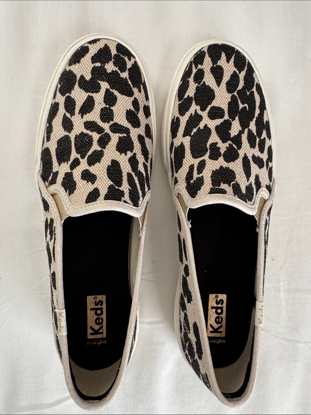 Keds Double Decker Leopard Canvas Slip-On Sneakers in Black and Cream Size 9
